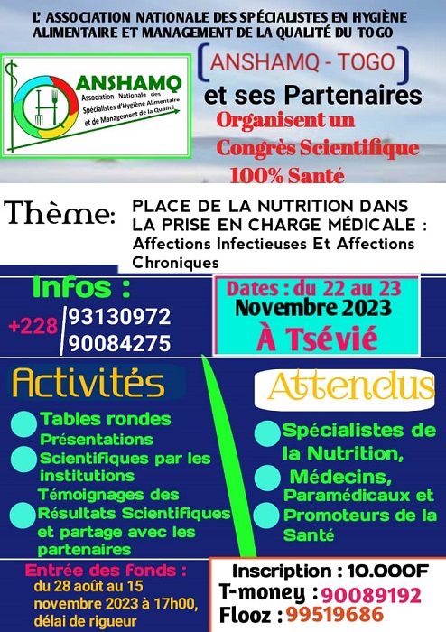 Place de la nutrition dans la prise en charge médicale, Rendez-vous avec ANSHAMQ-TOGO  les 22 et 23 novembre 2023 à Tsévié